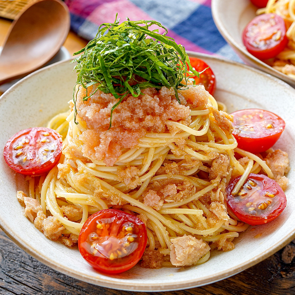 さっぱり!混ぜるだけ♪ミニトマトと大葉のツナ明太パスタ