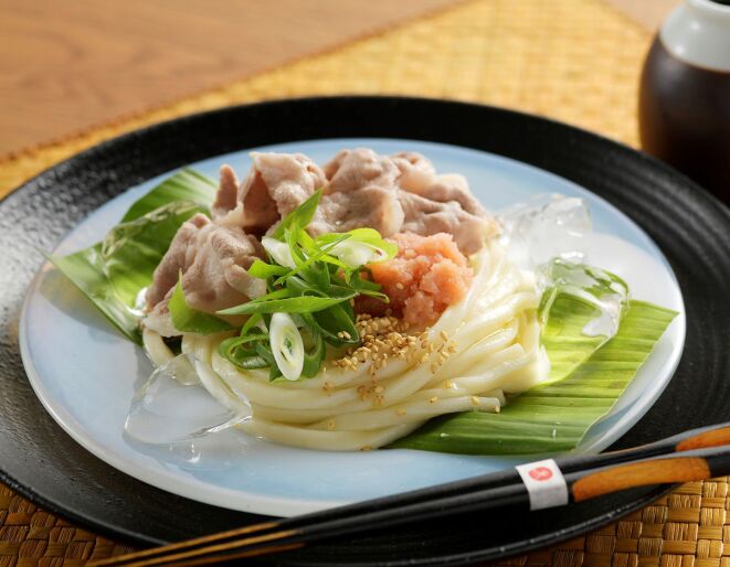 【豚しゃぶ×明太子】明太オリーブオイルで食べる冷たいネギ豚うどん